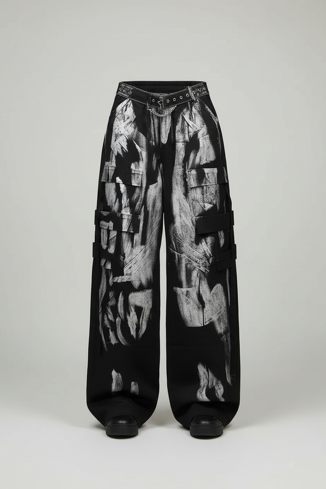 Pantalon Cargo Noir Peint Large Ample Femme - Toile - vue 3