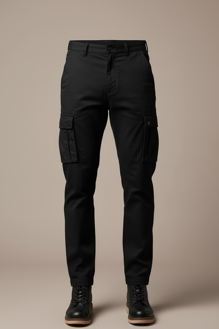 Pantalon Cargo Noir Coton Multipoches Coupe Droite Homme - vue 3