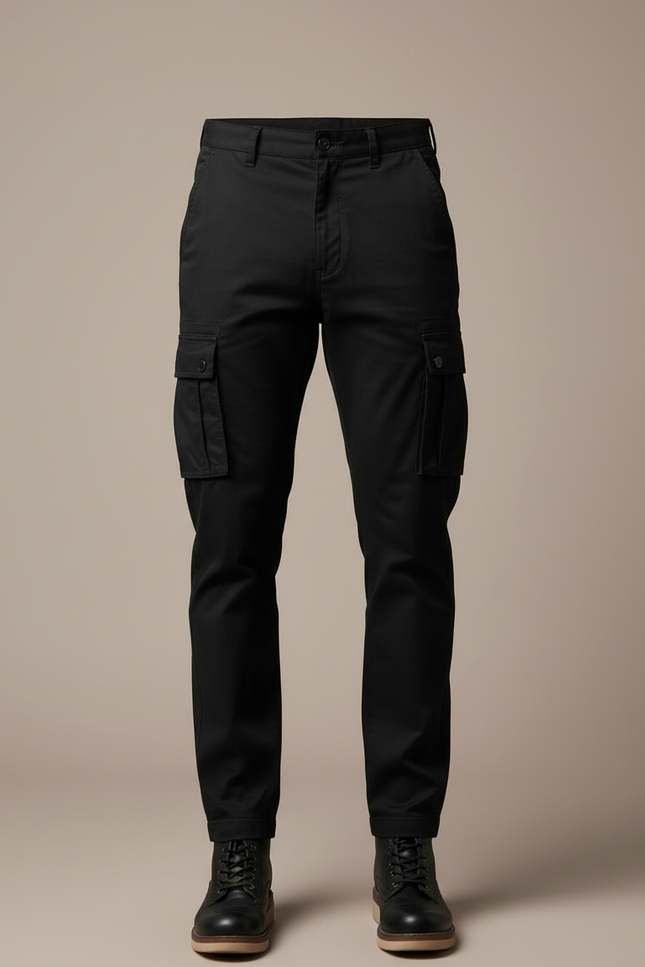 Pantalon Cargo Noir Coton Multipoches Coupe Droite Homme - vue 3