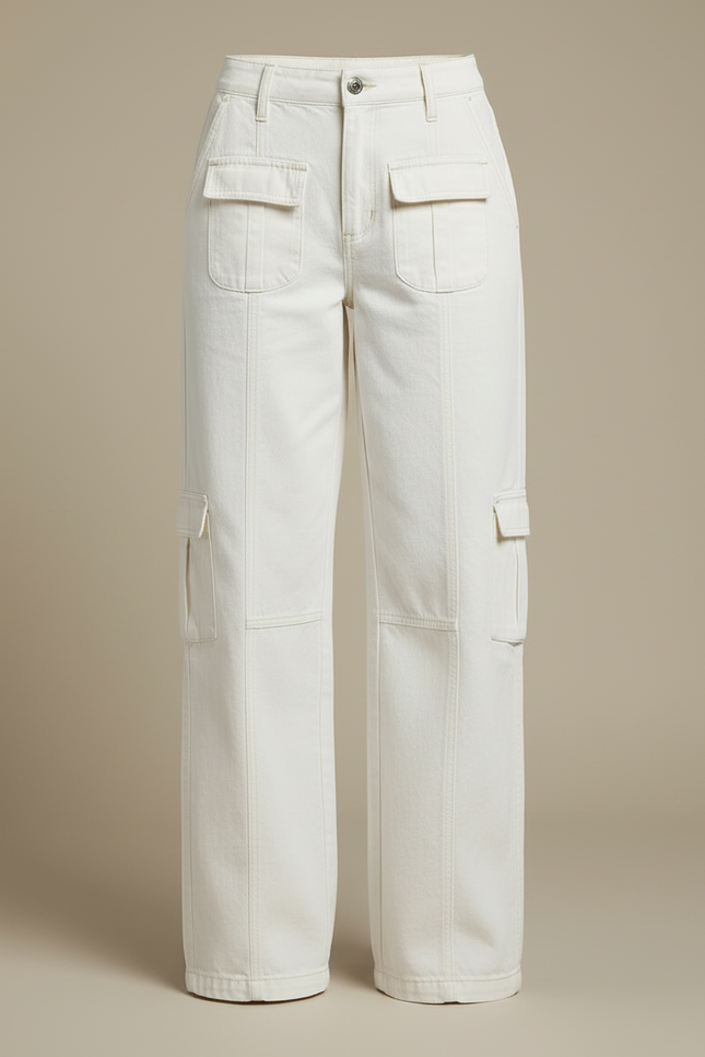 Pantalon Cargo Blanc Cassé Ample Poches Femme - Jean - vue 3