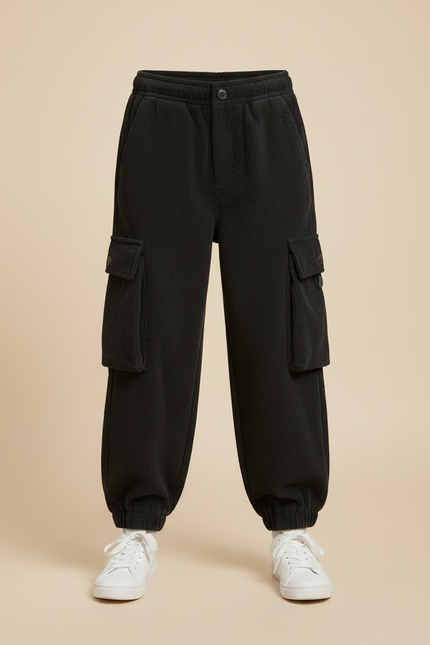 Pantalon Cargo Noir Côtelé Ample Enfant Hiver - Cordé - vue 3