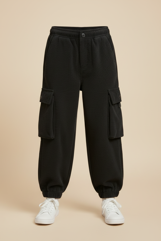 Pantalon Cargo Noir Côtelé Ample Enfant Hiver - Cordé - vue 3