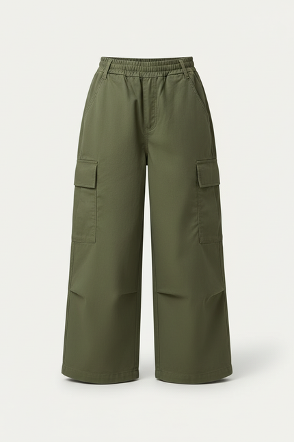 Pantalon Cargo Vert Ample Décontracté Fille - Kaki Toile - vue 3