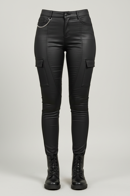 Pantalon Cargo Noir Similicuir Skinny Poches Latérales - Simili cuir - vue 3