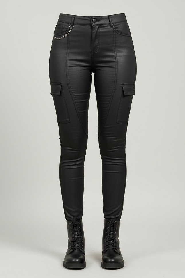 Pantalon Cargo Noir Similicuir Skinny Poches Latérales - Simili cuir - vue 3