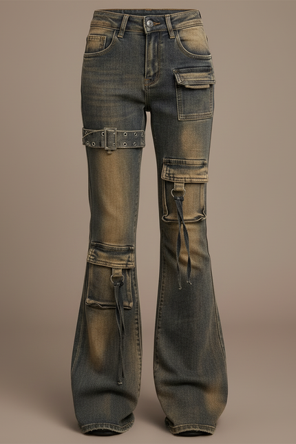 Pantalon Cargo Jean Délavé Évasé Multipoches Enfant - Kaki - vue 3
