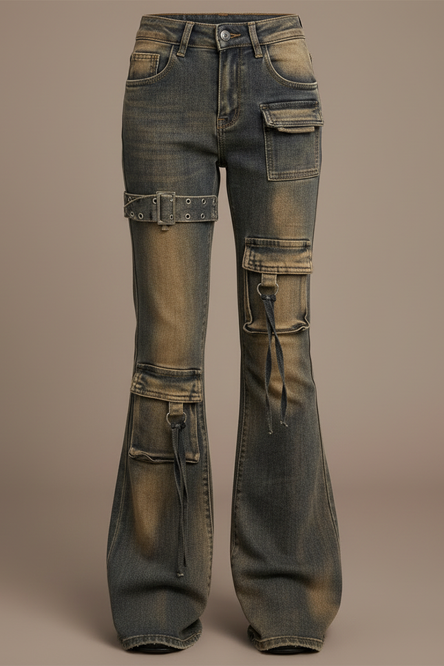 Pantalon Cargo Jean Délavé Évasé Multipoches Enfant - Kaki - vue 3