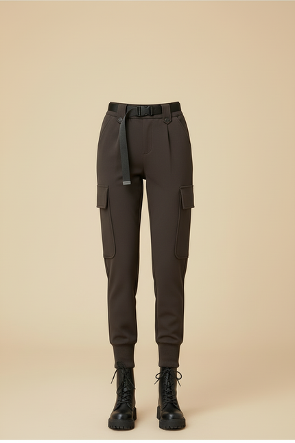Pantalon Cargo Femme Taille Haute Élastique Molletonné - Kaki - vue 3