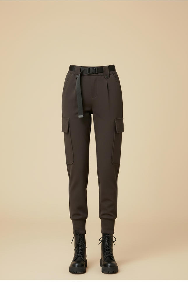 Pantalon Cargo Femme Taille Haute Élastique Molletonné - Kaki - vue 3