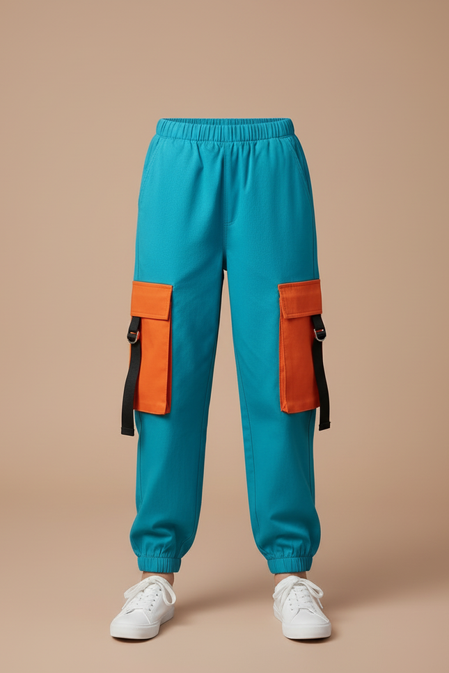 Pantalon Cargo Enfant Turquoise Orange Ample Coton - Multicolore - vue 3
