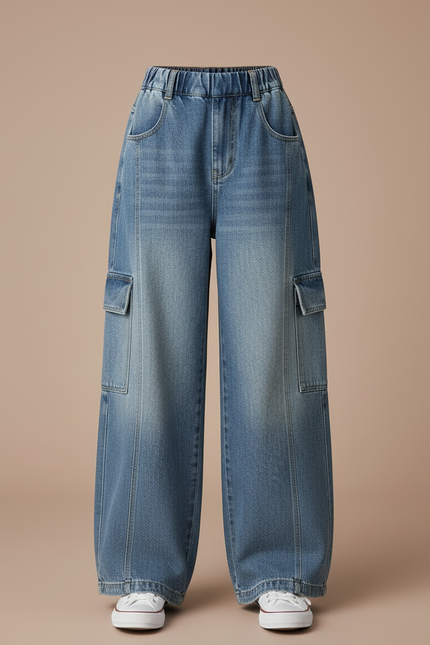 Pantalon Cargo Denim Bleu Ample Élastique Fille - Jean - vue 3