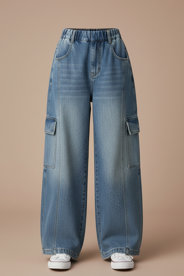 Pantalon Cargo Denim Bleu Ample Élastique Fille - Jean - vue 3