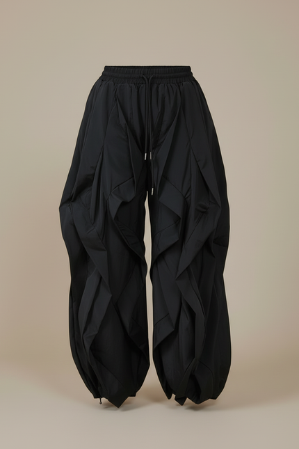 Pantalon Cargo Noir Ample Plissé Taille Haute - Polyester - vue 3