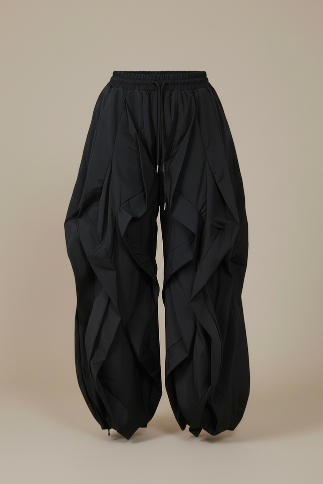 Pantalon Cargo Noir Ample Plissé Taille Haute - Polyester - vue 3