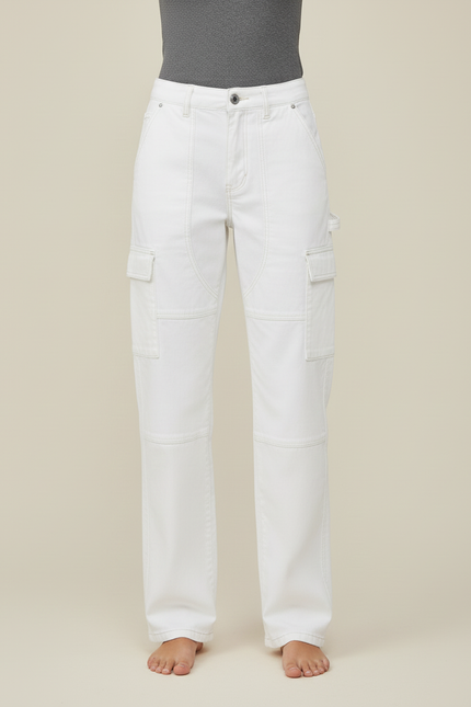 Pantalon Cargo Blanc Large Taille Haute Femme - Toile - vue 3