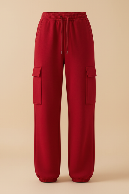 Pantalon Cargo Rouge Molletonné Ample Multipoches Décontracté - vue 3