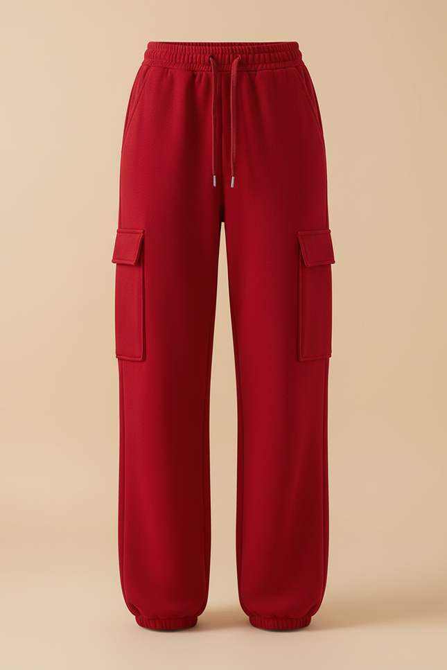 Pantalon Cargo Rouge Molletonné Ample Multipoches Décontracté - vue 3