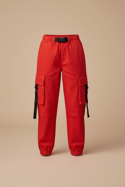 Pantalon Cargo Rouge Décontracté Multipoches Enfant - Toile - vue 3