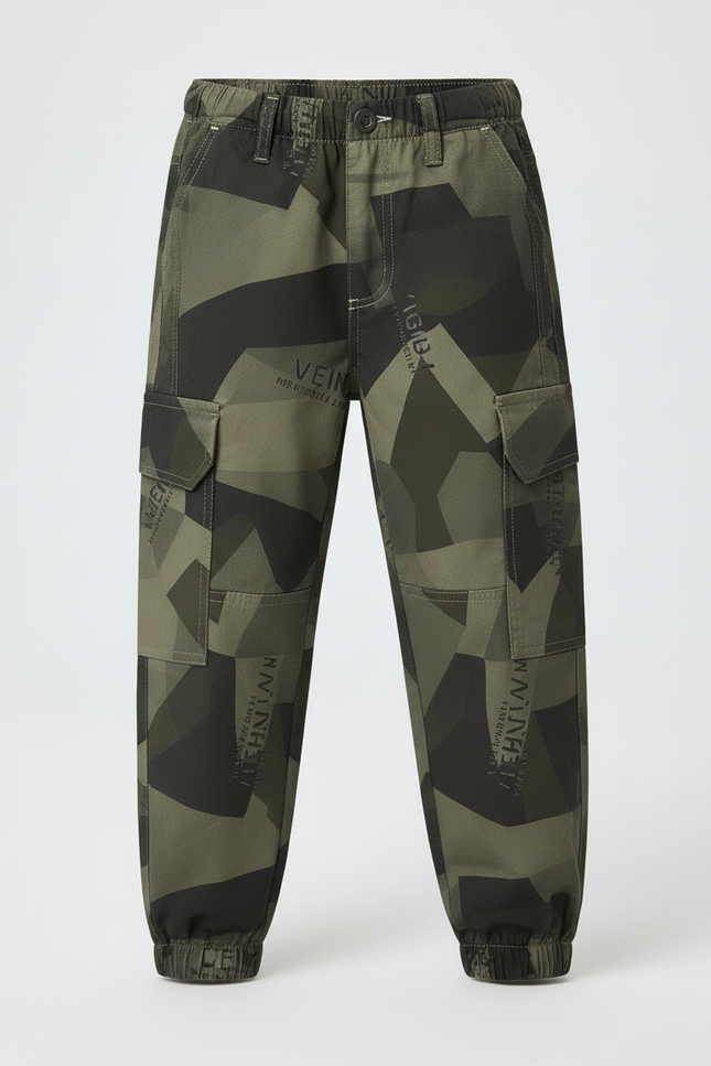 Pantalon Cargo Vert Camouflage Garçon Décontracté Multipoches - Kaki Toile - vue 3