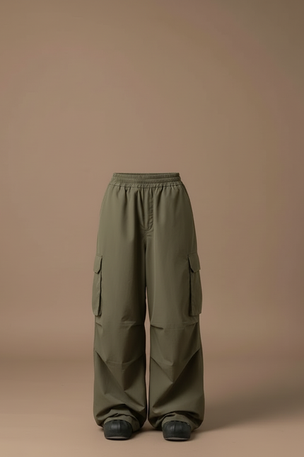 Pantalon Cargo Vert Ample Taille Haute Décontracté - Kaki Polyester - vue 3