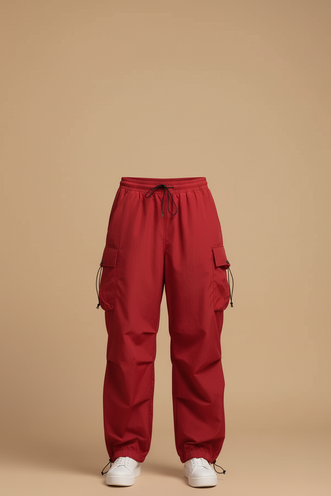 Pantalon Cargo Rouge Ample Fluide Taille Haute Femme - Polyester - vue 3