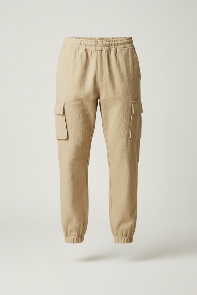 Pantalon Cargo Beige Coton Lin Décontracté Homme - vue 3