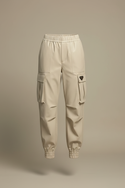 Pantalon Cargo Écru Similicuir Taille Haute Chevilles Élastiquées - Beige Simili cuir - vue 3
