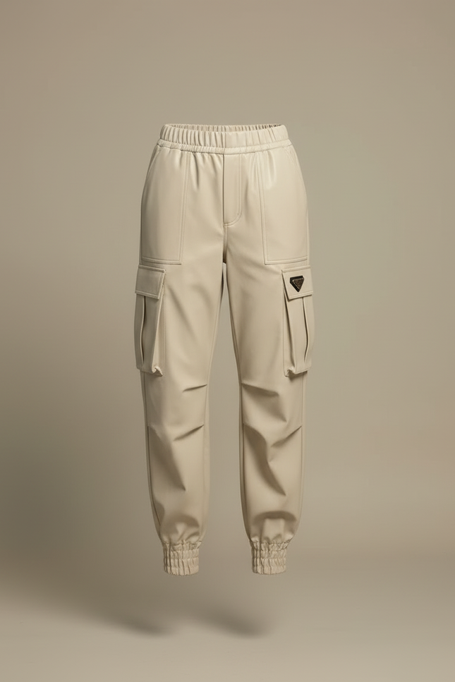 Pantalon Cargo Écru Similicuir Taille Haute Chevilles Élastiquées - Beige Simili cuir - vue 3