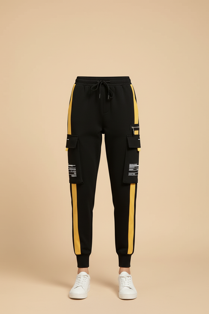 Pantalon Cargo Noir Jaune Streetwear Femme Ample - Molleton - vue 3