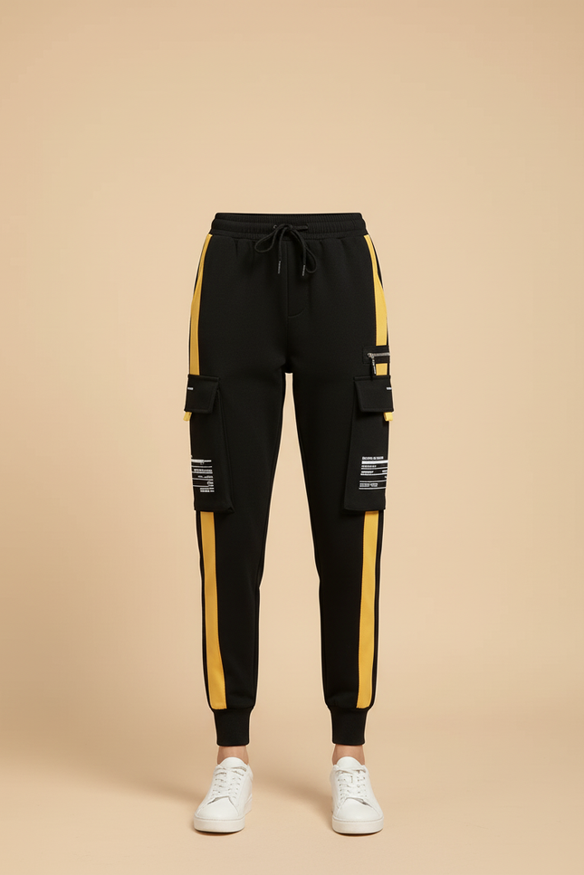 Pantalon Cargo Noir Jaune Streetwear Femme Ample - Molleton - vue 3