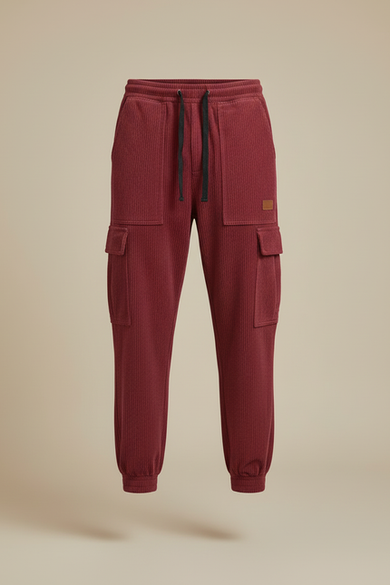 Pantalon Cargo Rouge Côtelé Ample Décontracté Homme - Bordeaux Cordé - vue 3
