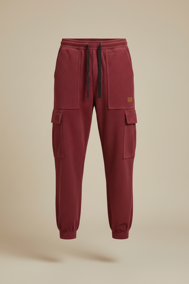 Pantalon Cargo Rouge Côtelé Ample Décontracté Homme - Bordeaux Cordé - vue 3