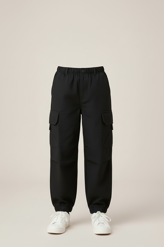 Pantalon Cargo Noir Enfant Ample Décontracté Multipoches - Coton - vue 3