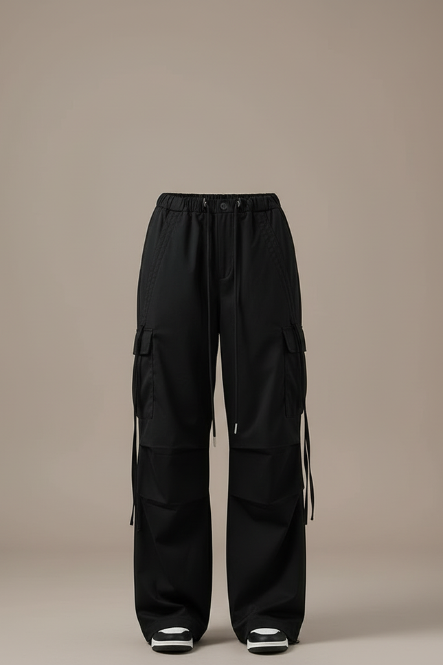 Pantalon Cargo Noir Ample Taille Haute Décontracté - Toile - vue 3