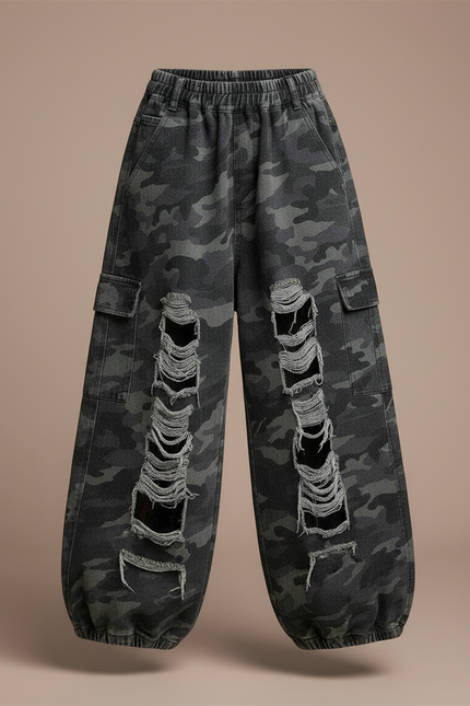 Pantalon Cargo Camouflage Ample Déchiré Enfant - Imprimé Jean - vue 3