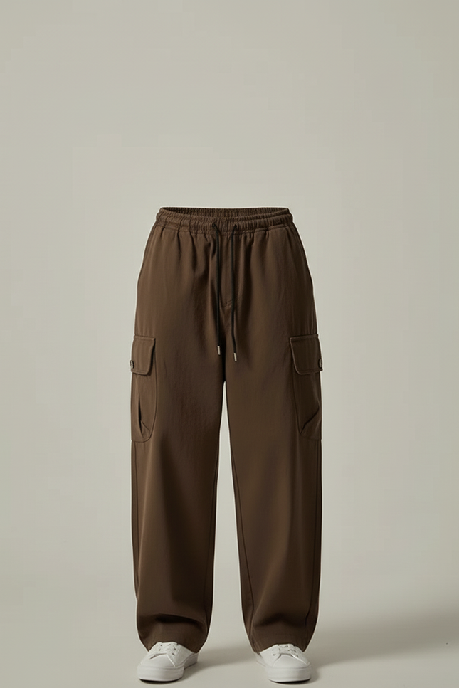 Pantalon Cargo Marron Ample Coton Poches Multiples Décontracté - Toile - vue 3