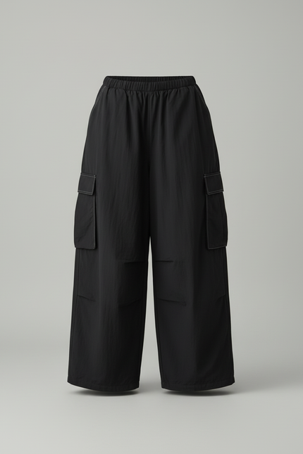Pantalon Cargo Noir Ample Fluide Poches Streetwear - Polyester - vue 3