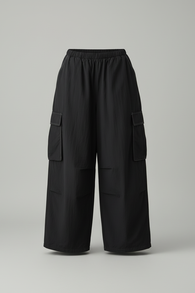 Pantalon Cargo Noir Ample Fluide Poches Streetwear - Polyester - vue 3