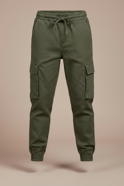 Pantalon Cargo Vert Olive Coton Multipoches Enfant - Kaki Toile - vue 3