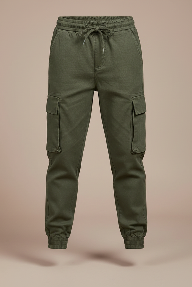 Pantalon Cargo Vert Olive Coton Multipoches Enfant - Kaki Toile - vue 3