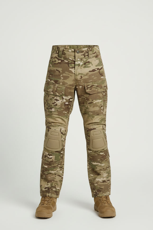 Pantalon Cargo Camouflage Militaire Multipoches Genouillères Intégrées - Multicolore Toile - vue 3