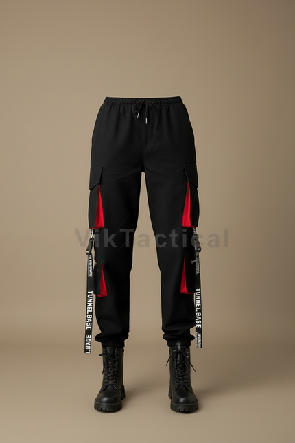 Pantalon Cargo Noir Décontracté Sangles Rouges Femme - Toile - vue 3