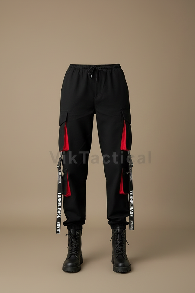 Pantalon Cargo Noir Décontracté Sangles Rouges Femme - Toile - vue 3