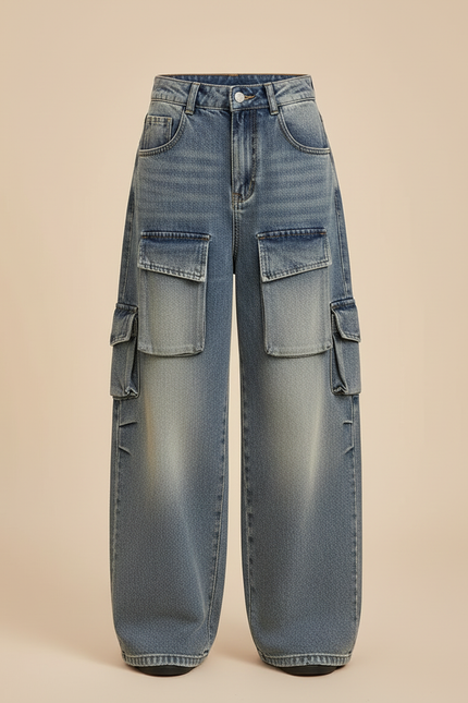 Pantalon Cargo Denim Ample Multipoches Enfant Fille - Bleu Jean - vue 3