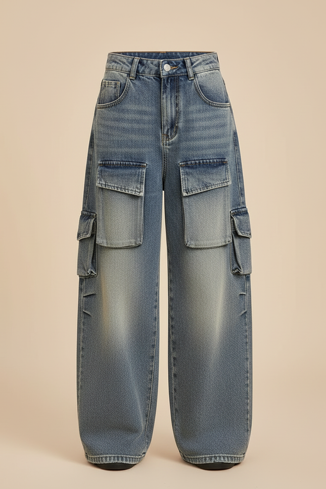Pantalon Cargo Denim Ample Multipoches Enfant Fille - Bleu Jean - vue 3