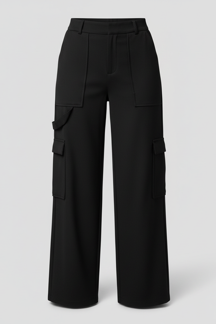 Pantalon Cargo Noir Ample Taille Haute Poches Femme - Gabardine - vue 3