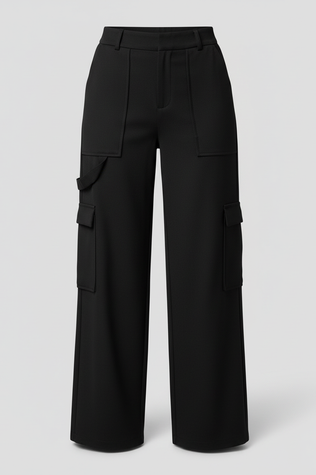 Pantalon Cargo Noir Ample Taille Haute Poches Femme - Gabardine - vue 3