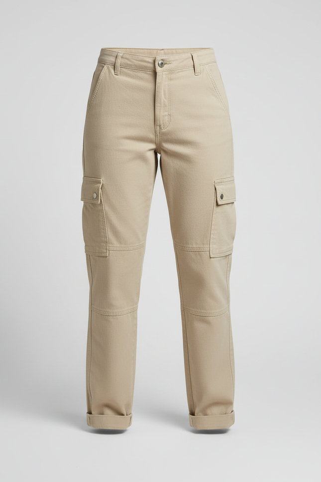Pantalon Cargo Beige Décontracté Ample Coton Taille Haute - Gabardine - vue 3
