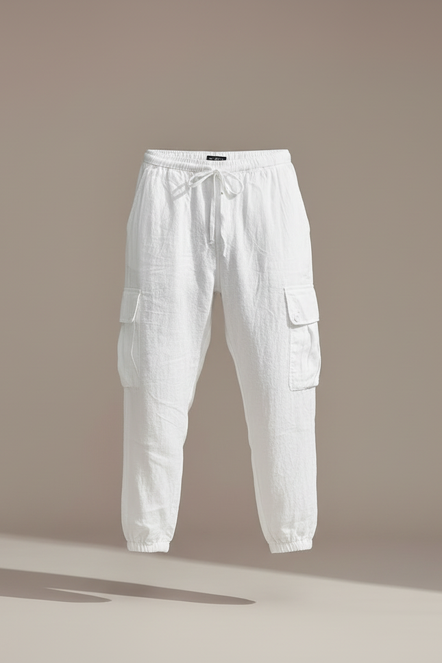 Pantalon Cargo Blanc Lin Ample Multi-Poches Homme - vue 3