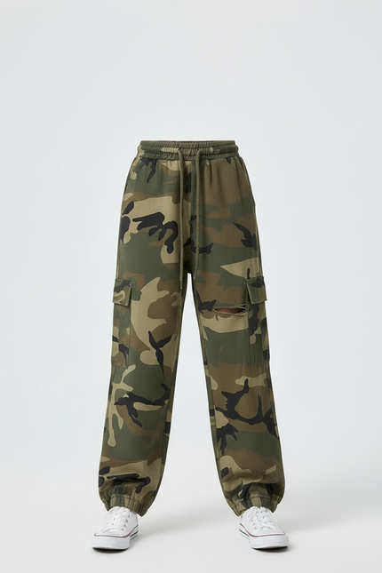 Pantalon Cargo Camouflage Ample Vert Militaire Fille - Molleton - vue 3